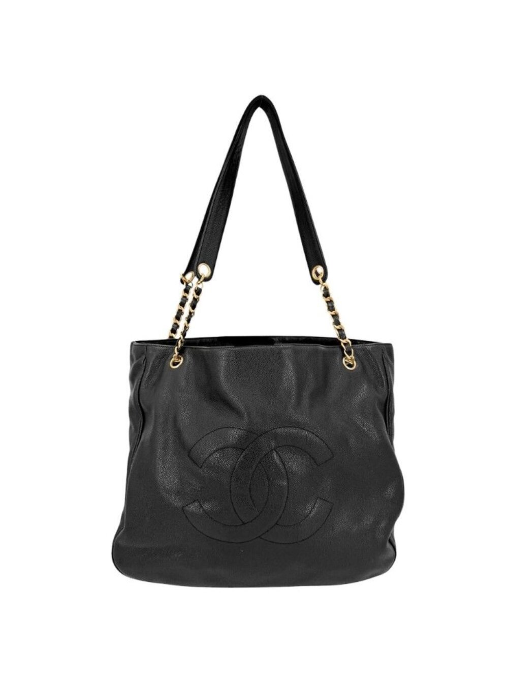Chanel Tote CC Logo Jumbo CC Chain Shoulder Handbag Caviar Leather Black Gold